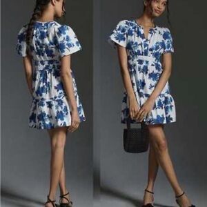 Anthropologie Blue and White Floral Mini Dress